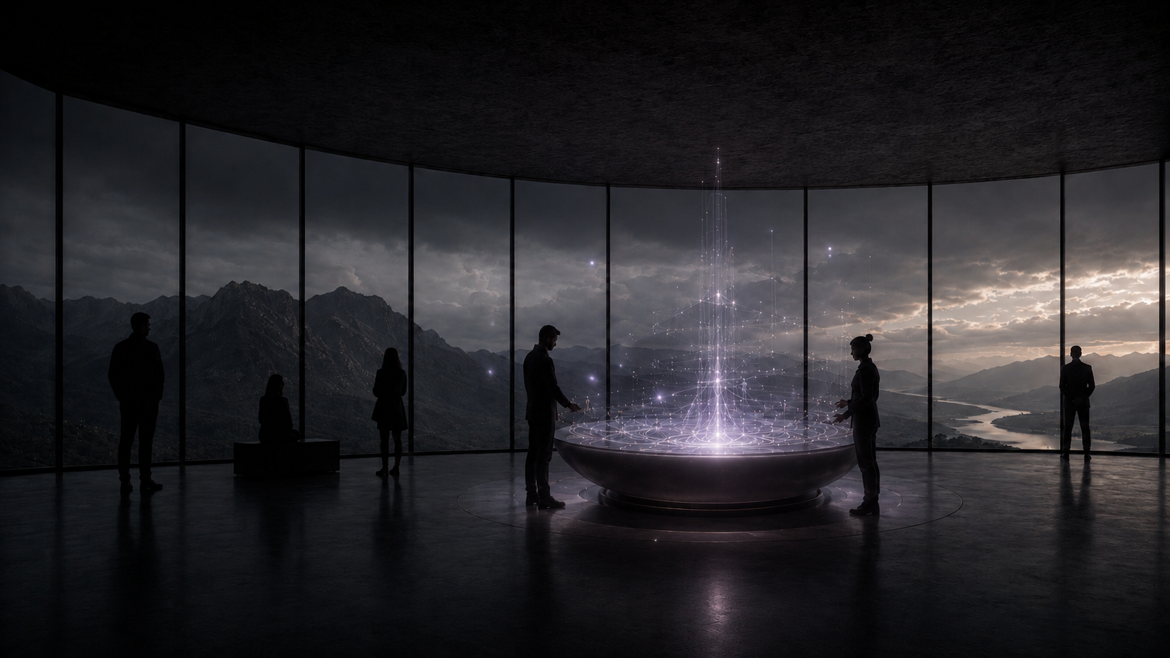 A small team gathered around a glowing network model in a curved room overlooking a mountain valley and river at dusk