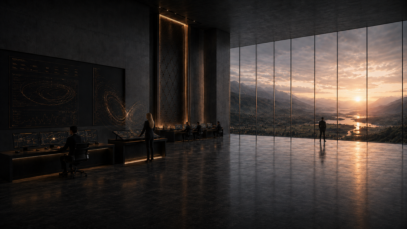 A team working at monitoring stations in a room overlooking a mountain valley at sunset, with one figure standing before the window