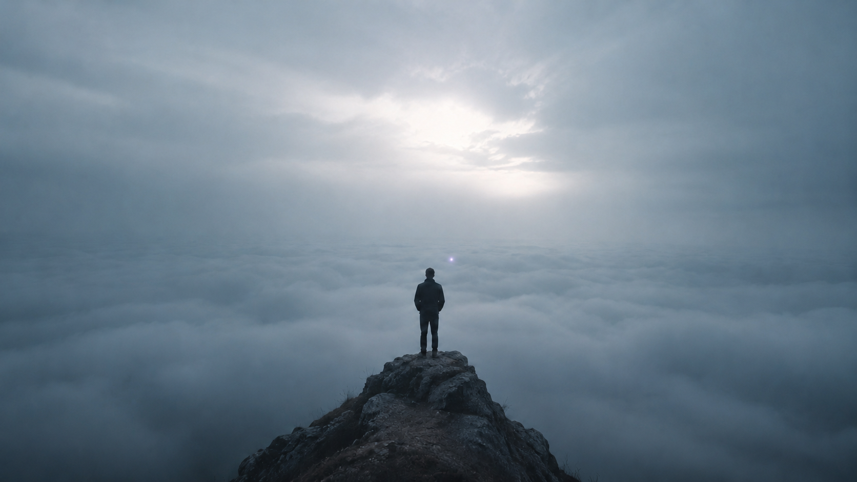A lone figure standing on a rocky mountain ridge above a sea of clouds, facing a break of sunlight in the sky