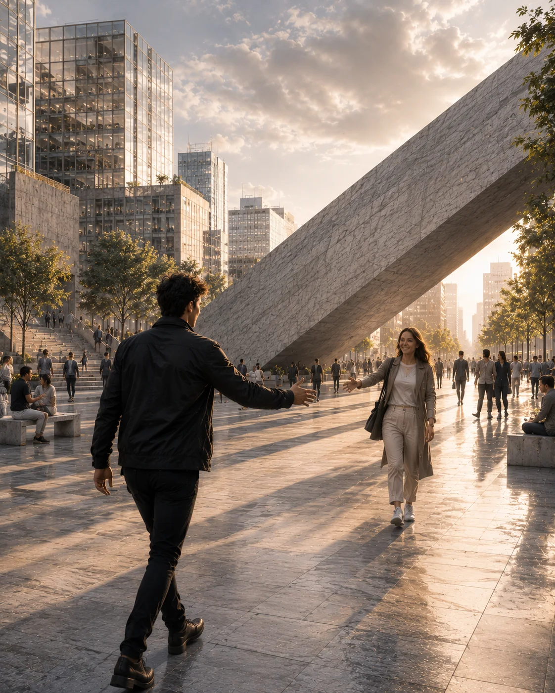 Two people reaching toward each other while walking through a crowded plaza at sunset