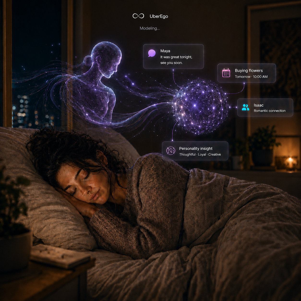 A sleeping woman with a glowing figure above her representing UberEgo modeling her messages, plans, relationships, and personality into one picture