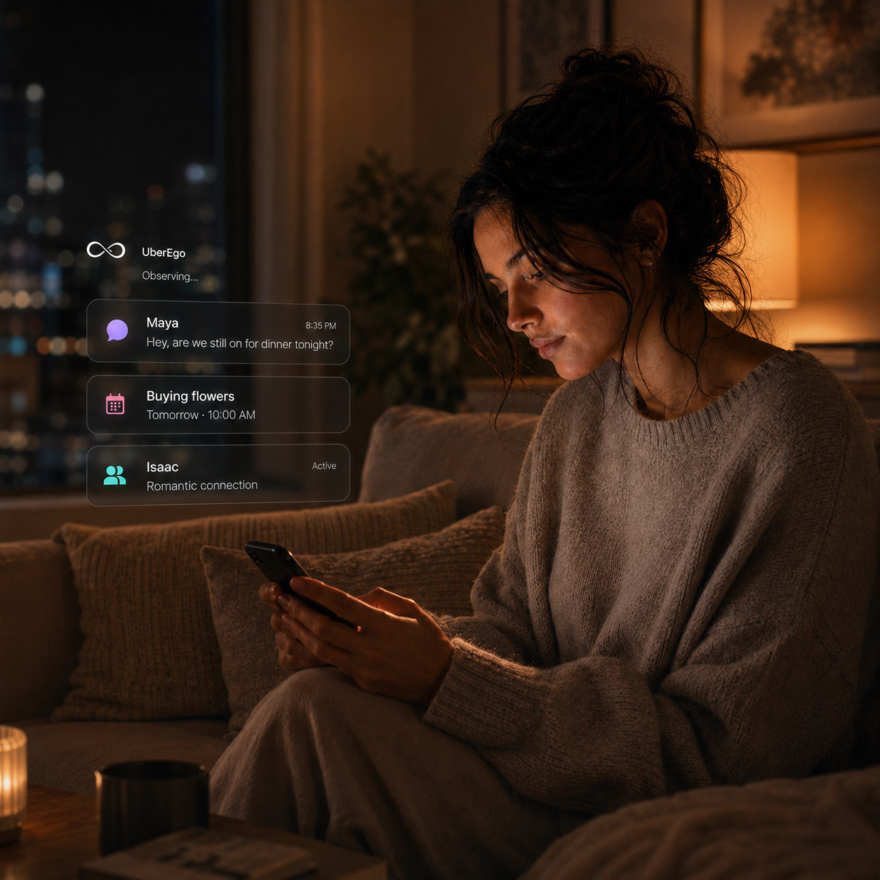 A woman on her phone on the couch at night, with UberEgo observing a message thread, an upcoming plan, and a relationship
