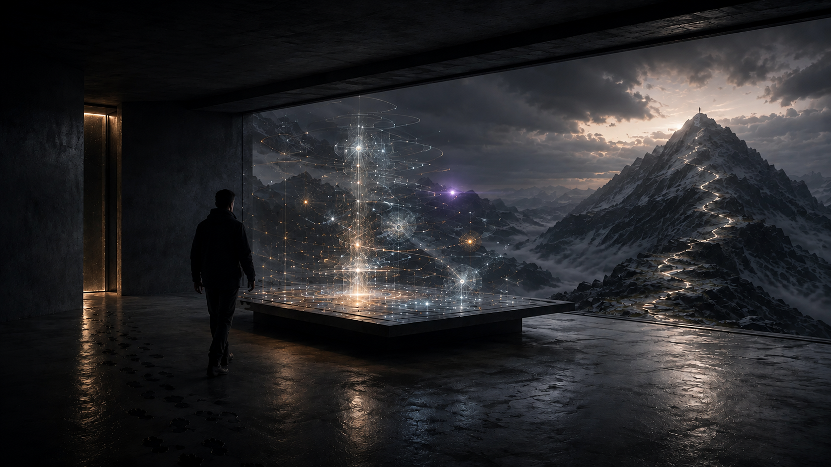 A figure walking toward a glowing computational model in a room opening onto a mountain range, with a lit path leading to a distant peak