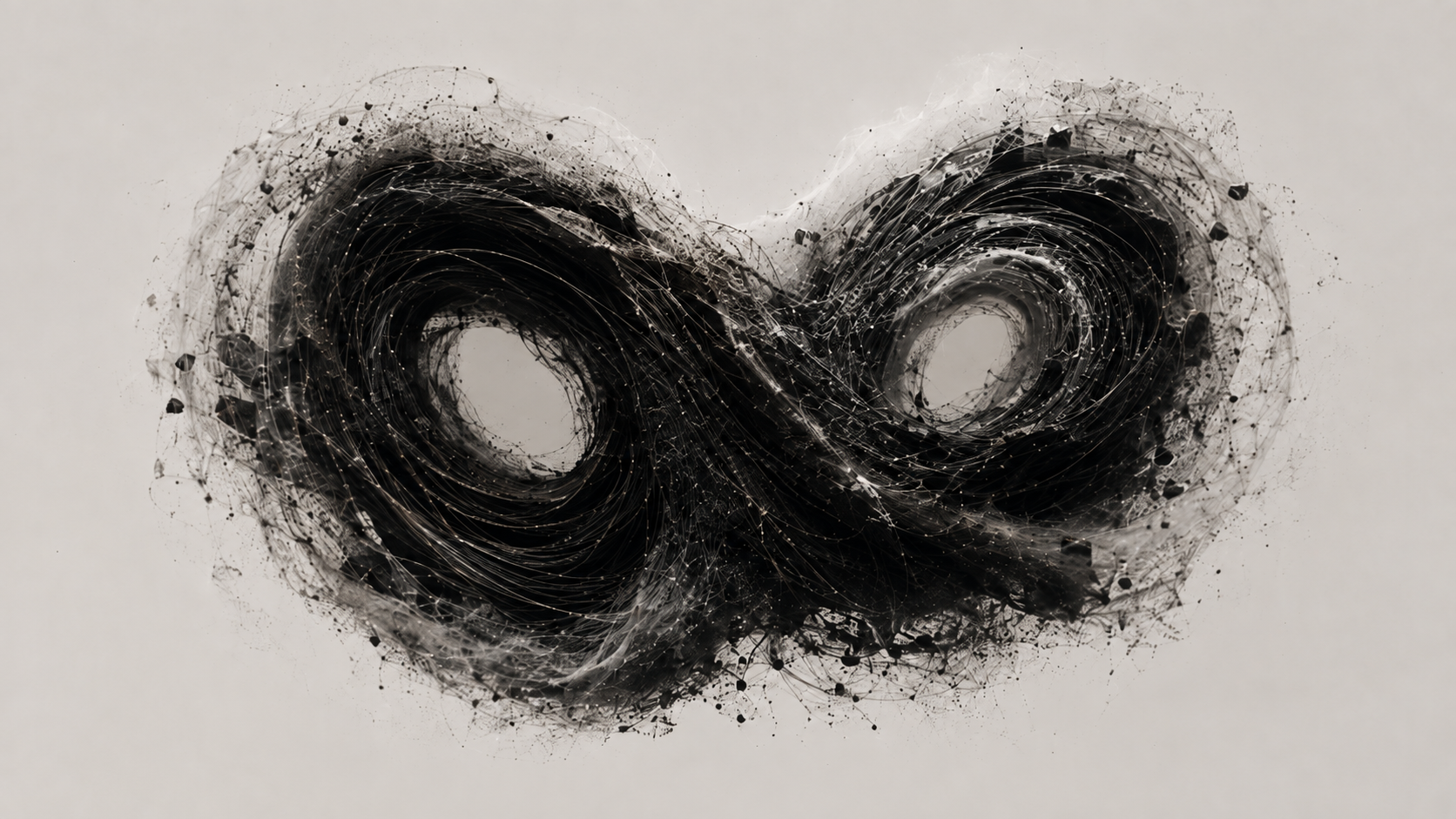 Two swirling vortices of dark, thread-like particle trails forming an infinity shape against a pale background